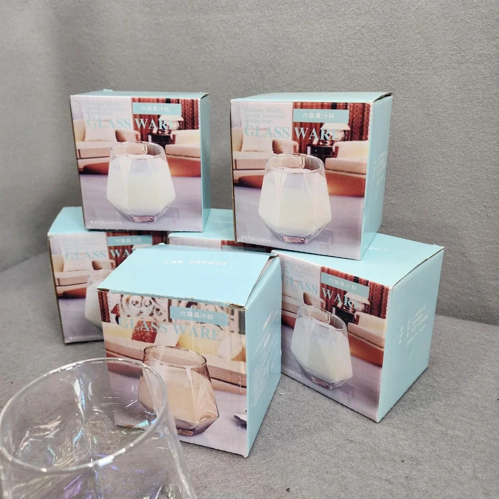 Geometric Glassware Clear‎ Hexagonal Drinking Glasses Set of 6 NEW